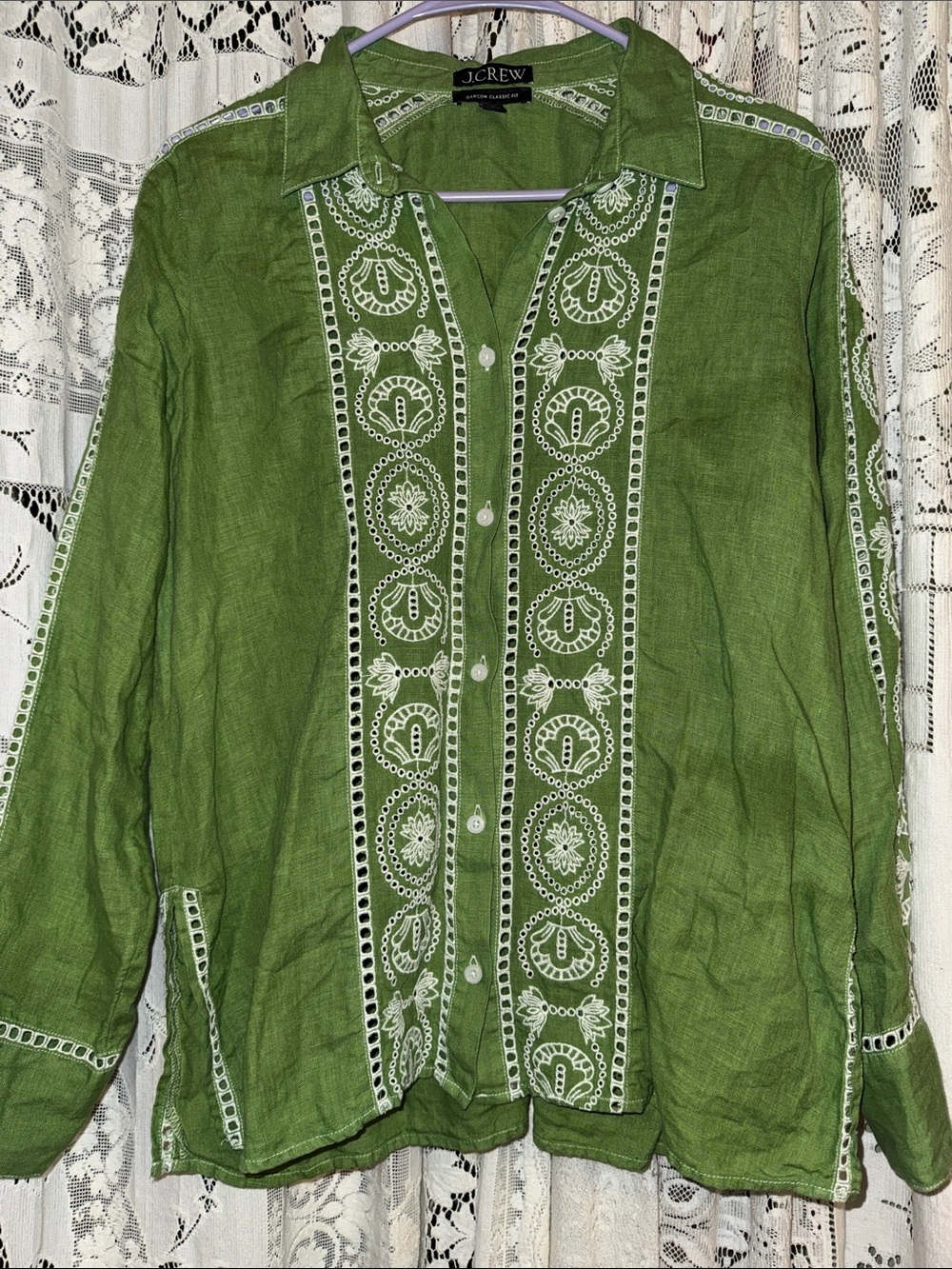 J. Crew Green Linen Embroidered Button-Up top - Picture 8 of 8